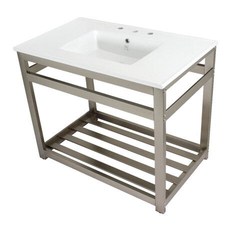 Fauceture VWP3722W8A8 37-Inch Ceramic Console Sink (8-Inch, 3-Hole), White/Brushed Nickel VWP3722W8A8